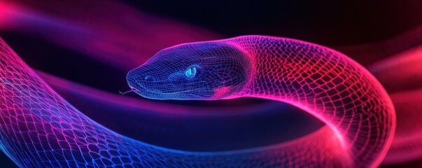 Leinwandbilder - abstract snake, neon colors, digital art, glowing wireframe design, dark background with vibrant pink and blue hues, smooth curves, modern illustration, technology concept, cybernetic theme