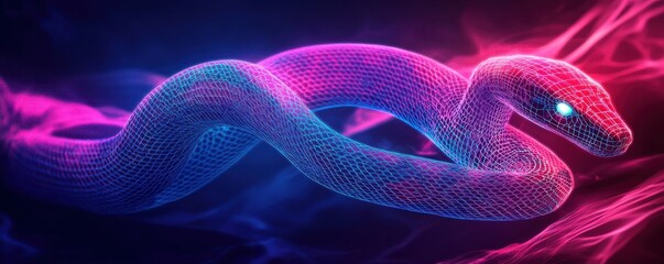 Leinwandbilder - abstract snake, neon colors, digital art, glowing wireframe design, dark background with vibrant pink and blue hues, smooth curves, modern illustration, technology concept, cybernetic theme
