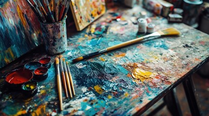 Poster - Colorful artist workspace featuring brushes, paints, and canvases with ample copy space for creative projects. Generative AI