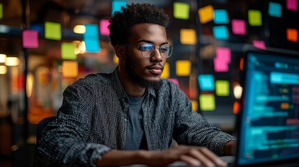 Leinwandbilder - Inside a lively workspace filled with colorful sticky notes, a young developer concentrates on programming a mobile app. He utilizes a laptop, surrounded by a burst of ideas and inspiration