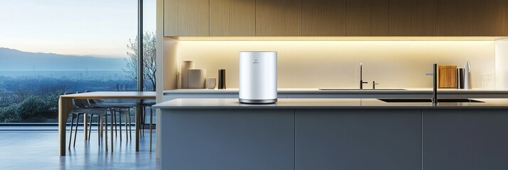 Aufkleber - Modern kitchen features sleek water filter and minimalist design with scenic view overlooking nature and outdoor space. Generative AI