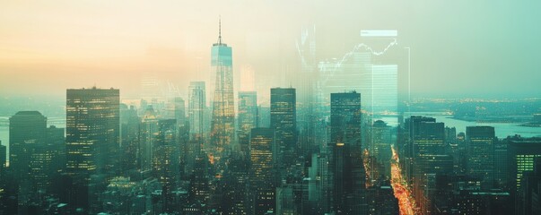 Poster - Double exposure of a bustling city skyline overlayed with a dynamic stock market investment graph, symbolizing economic growth, financial investment, and urban business insights.