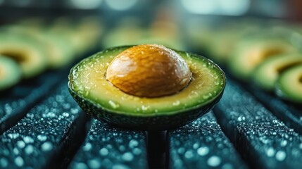 Wall Mural - Close-up of halved avocado on dark wood.