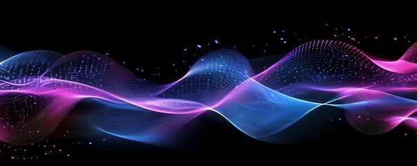 Poster - abstract waves, digital background with blue and pink neon colors, smooth flowing shapes, glowing points creating depth, suitable for futuristic themes and technology concepts