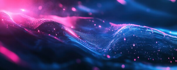 Poster - abstract waves, digital background with blue and pink neon colors, smooth flowing shapes, glowing points creating depth, suitable for futuristic themes and technology concepts