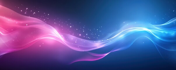 Poster - abstract waves, digital background with blue and pink neon colors, smooth flowing shapes, glowing points creating depth, suitable for futuristic themes and technology concepts