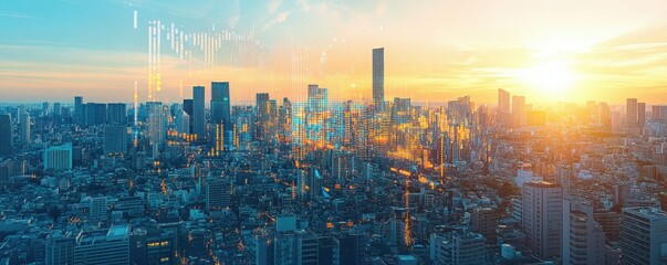 Poster - Double exposure of a bustling city skyline overlayed with a dynamic stock market investment graph, symbolizing economic growth, financial investment, and urban business insights.