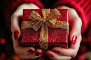 Wall Mural - Holiday gift giving moment with a beautifully wrapped red box and golden bow during a festive celebration