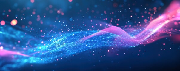 Poster - abstract waves, digital background with blue and pink neon colors, smooth flowing shapes, glowing points creating depth, suitable for futuristic themes and technology