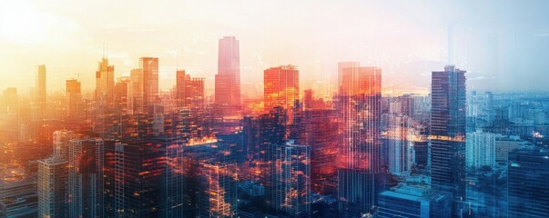 Poster - Double exposure of a bustling city skyline overlayed with a dynamic stock market investment graph, symbolizing economic growth, financial investment, and urban business insights.