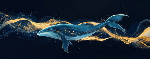 Leinwandbilder - Abstract whale illustration, ocean theme, dark blue background, artistic design featuring whales and golden accents, suitable for marine related projects