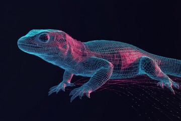 A digital wireframe lizard with neon blue and pink lines, set against a dark background, showcasing a futuristic and technological theme.