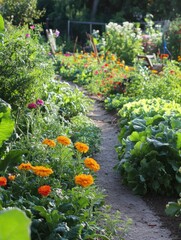 Poster - Vibrant garden features lush vegetables and blooming flowers along a winding pathway during sunny daylight. Generative AI
