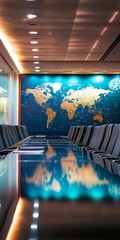 Poster - A large conference room with a large map on the wall. There are many chairs around a long table