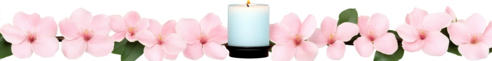 Wall Mural - A serene arrangement of pink flowers and a lit candle, symbolizing peace.