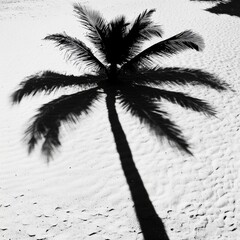 Wall Mural - A palm tree casts a shadow on the sand. The image has a moody, mysterious feel to it, as the shadow of the tree is the only visible element