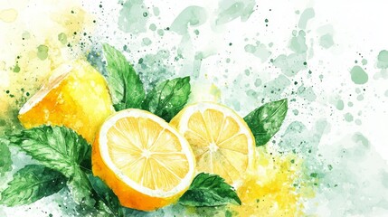 Poster - bright watercolor illustration of lemons and mint leaves with a dynamic splash effect, perfect for f