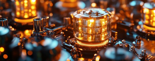 Aufkleber - AI Technology and Industrial Work Concept. Future-looking quantum computer core with glowing qubits and circuitry.