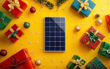 Wall Mural - Solar panels decorated with holiday ribbons and bows, surrounded by gifts on a festive yellow background