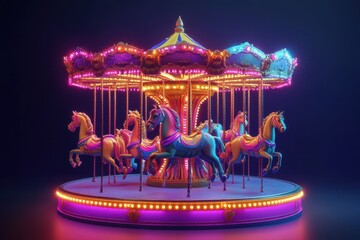 Colorful carousel with illuminated horses spinning gently in a dark setting