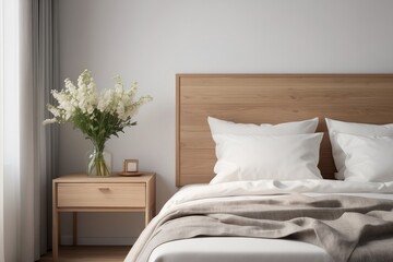 Bright and natural hotel room interior with single bed and wooden nightstand with flowers