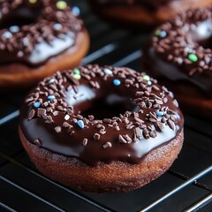 Wall Mural - Delicious chocolate donuts with colorful sprinkles cooling on a wire rack in a cozy kitchen