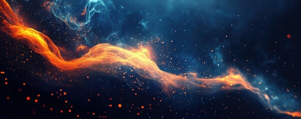 Wall Mural - an abstract banner with sound waves, blue and orange colors, glowing particles, dark sky-blue and na