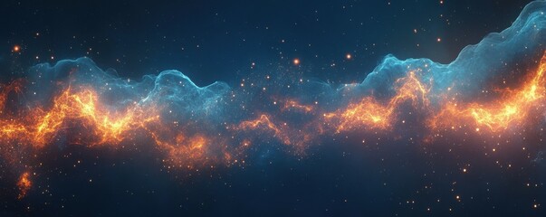 Wall Mural - an abstract banner with sound waves, blue and orange colors, glowing particles, dark sky-blue and na