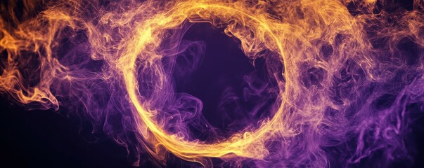 Poster - An abstract geometric smoke circle in purple yellow color on a black background