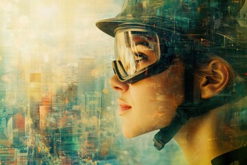 Aufkleber - Profile of a person wearing a safety helmet and goggles against an abstract city background providing a modern industrial vibe. Generative AI