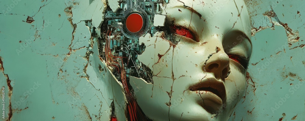 Android Death An android death reveals bio-circuits beneath a broken porcelain beauty ...