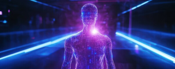 Leinwandbilder - An artificially intelligent virtual assistant in the form of a hologram human, a modern stock technology, and wallpapers in digital cyber technology