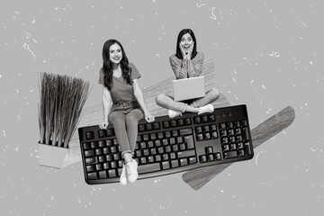 Poster - Composite collage portrait of two mini excited funky girls sitting big keyboard use netbook houseplant isolated on drawing background