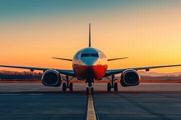 A commercial airplane on a runway during sunset, showcasing its front view with vibrant orange and blue sky in the background.