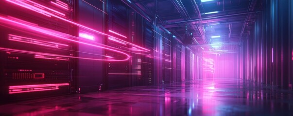 Poster - An industrial data server warehouse with neon light trails, futuristic digital tech concepts, data networks and connections, as well as internet communications, powered by generative stock.
