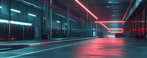 Poster - An industrial data server warehouse with neon light trails, futuristic digital tech concepts, data networks and connections, as well as internet communications, powered by generative stock.