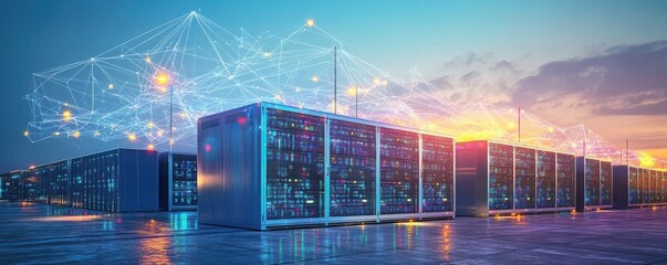 Aufkleber - An industrial data server warehouse with neon light trails, futuristic digital tech concepts, data networks and connections, as well as internet communications, powered by generative stock.