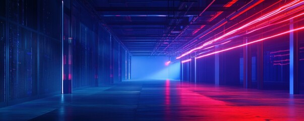 Aufkleber - An industrial data server warehouse with neon light trails, futuristic digital tech concepts, data networks and connections, as well as internet communications, powered by generative stock.