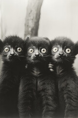 Poster - Three or four playful lemurs sitting side by side, with their wide eyes and fluffy tails,