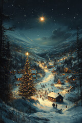 Aufkleber - A serene winter landscape with a glowing star shining brightly over a peaceful town square, where families gather around a Christmas tree,