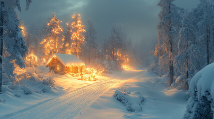 Poster - A stunning view of a snow-covered forest at night, with a single beam of light illuminating a small nativity scene,