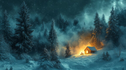Poster - A stunning view of a snow-covered forest at night, with a single beam of light illuminating a small nativity scene,