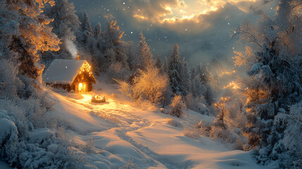 Aufkleber - A stunning view of a snow-covered forest at night, with a single beam of light illuminating a small nativity scene,