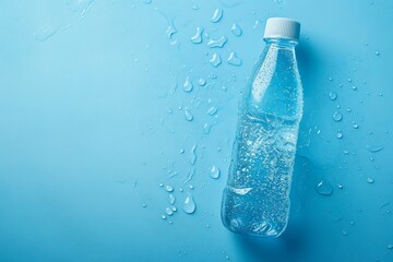 Poster - A bottle of water is sitting on a blue surface with water droplets on it
