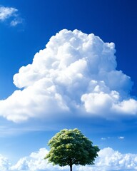 A solitary tree under a large, fluffy cloud against a bright blue sky.