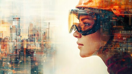 Aufkleber - Profile of a worker in safety helmet and goggles against an abstract city backdrop highlighting urban safety and construction. Generative AI