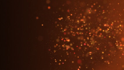 Poster - Orange glowing circles particles dust flying at the middle right on a dark abstract background, bokeh effect, horizontal composition. Event and banner background.