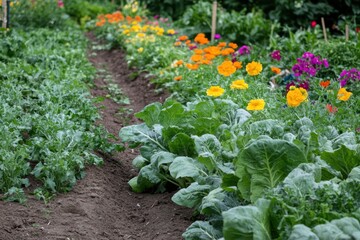 Aufkleber - Vibrant flowers and healthy vegetables fill a well tended garden in a sunny outdoor setting. Generative AI