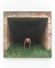 Wall Mural - A surreal creature emerges from a dark tunnel into a grassy area.