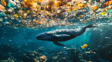 Aufkleber - Beneath the surface, a magnificent whale swims effortlessly in pristine waters, joyfully navigating a world free from plastic. Sunlight dances upon the waves, illuminating this underwater paradise